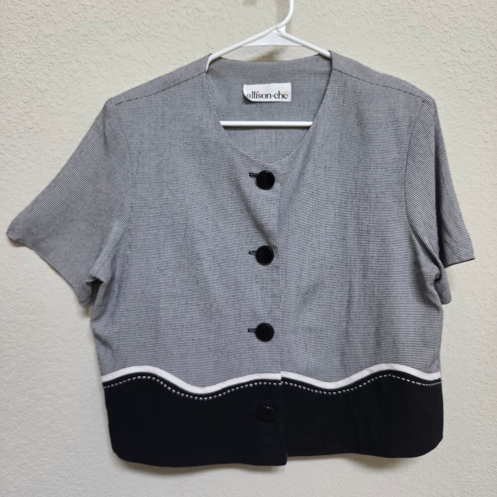 Vintage 90s Blazer Top Allison-Ché Womens Large Short Sleeve Office Black White